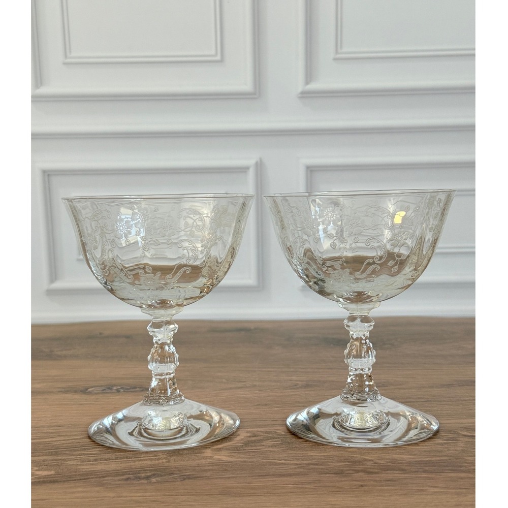 VTG PAIR (2) 1950s Fostoria Navarre Floral Etched Sherbet Glass Coupes